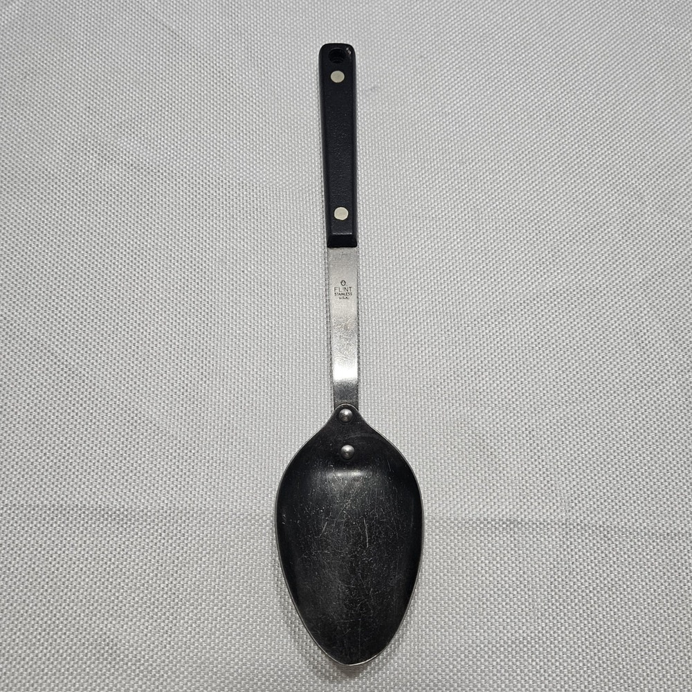 Ekco Flint Stainless Steel Serving Spoon Black Riveted Handle USA Vintage 11.5in
